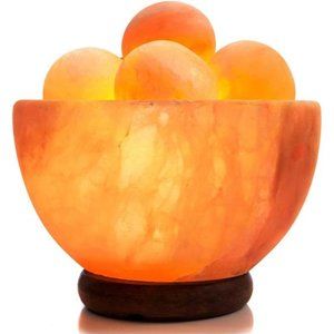Himalayan Salt Lamp Bowl with 6 Pink Salt Massage Balls, Modern Wood Base, Bulb